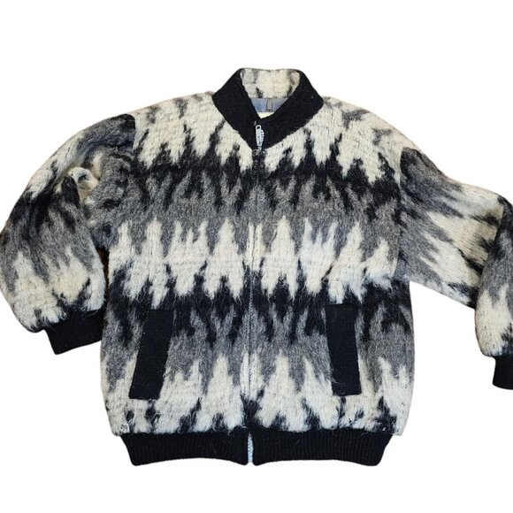 Vintage Spelana Womens Coat Scandinavian Fuzzy WOOL Size‎ M Chevron Black White - Picture 4 of 13